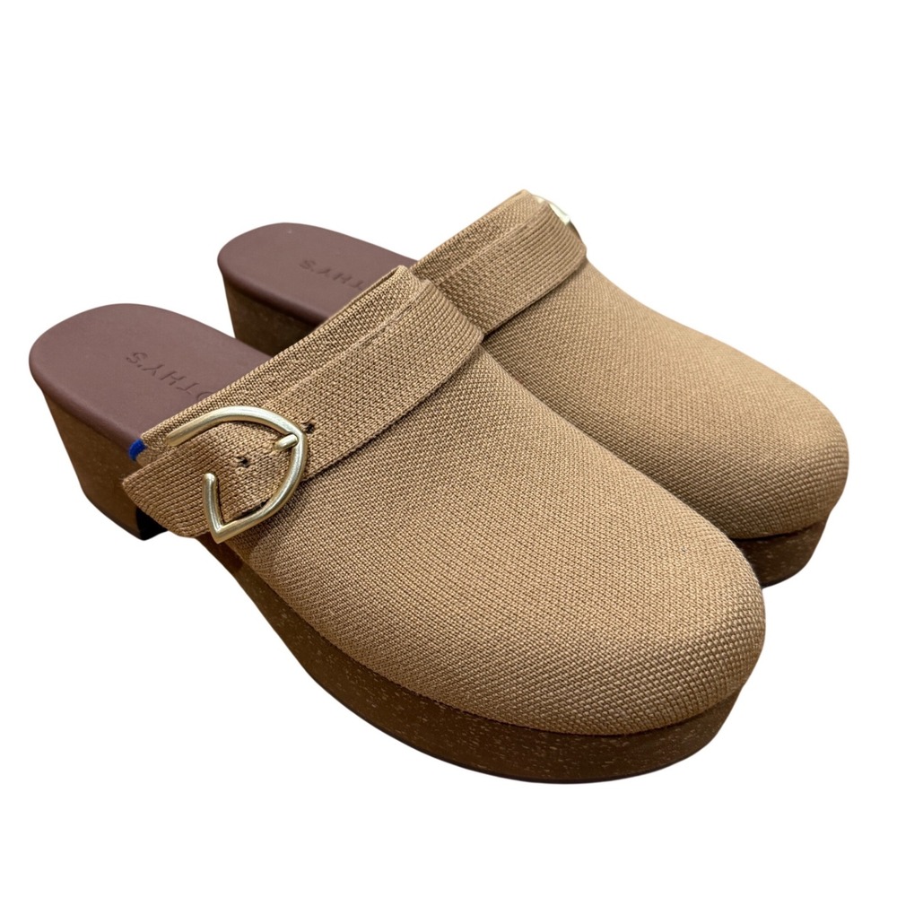 Rothys The Classic Clog Tan Platform Buckle Knit Shoes Womens Sz 9.5 NWOB Staple